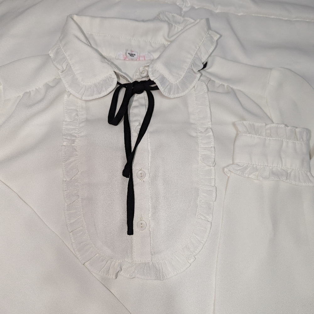 Sheer White Button Frill and Black Tie Long Sleeve Blouse Agaci Small